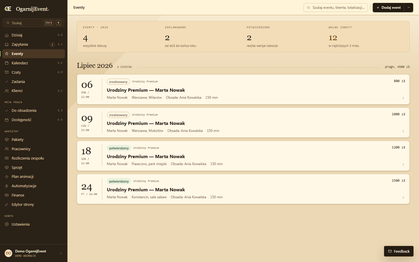 Lista eventów