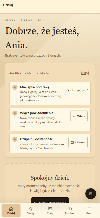 Aplikacja animatora — ekran Dziś